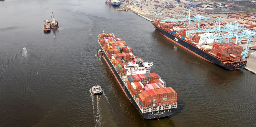 The 8,463-teu Conti Contessa (built 2006) calls at Jaxport in Jacksonville, Florida, in October. At right, the 10,062-teu Zim Antwerp (built 2009) is moored at the docks.
