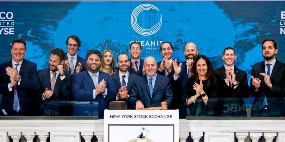Okeanis Eco Tankers chairman Ioannis Alafouzos and chief executive Aristidis Alafouzos lead the bell ringing at the New York Stock Exchange.