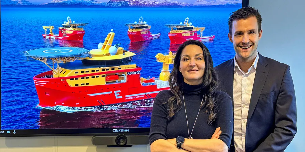 Eidesvik Offshore CEO Gitte Gard Talmo (left) and Agalas CEO Mats Nygaard Johnsen join forces to build world’s first methanol-powered vessel for subsea and offshore wind.