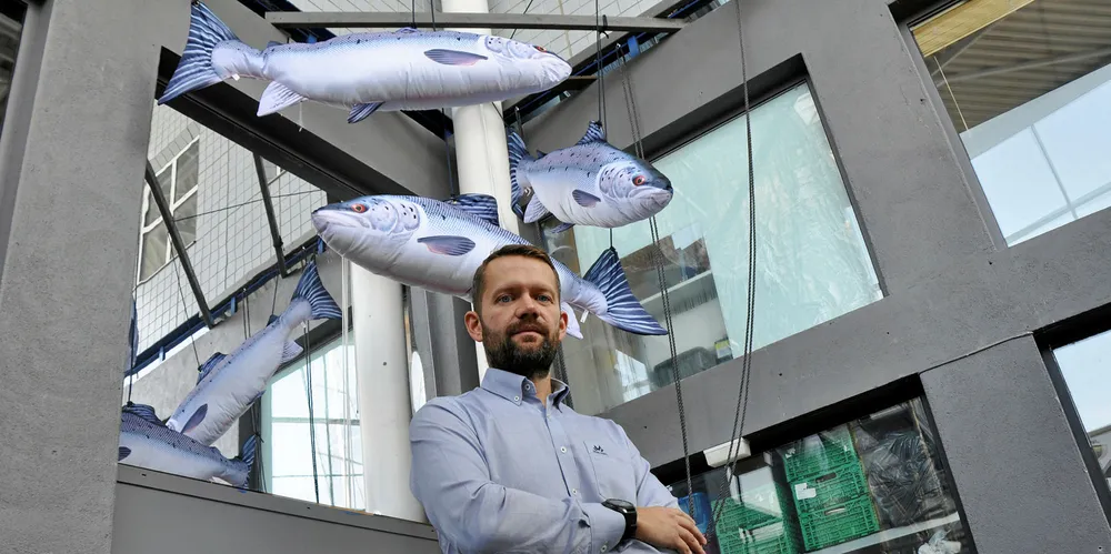 NY JOBB: Ny administrerende direktør i Nova Sea, Tom Eirik Aasjord, foran utsmykningen av Salmon Center i Bodø.
