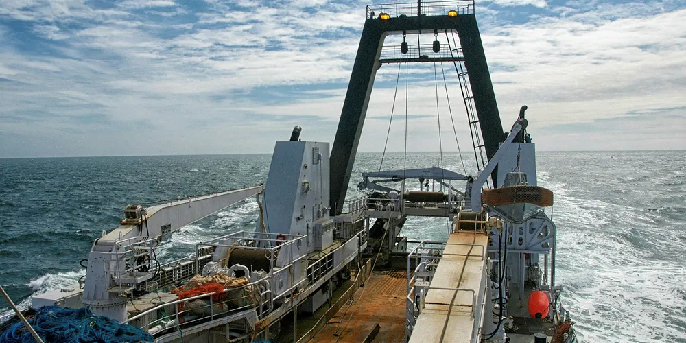 US Alaska pollock harvesting trawl vessel.
