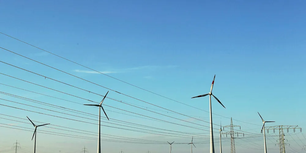 Power lines at a wind farm near Bitterfeld, Germany.