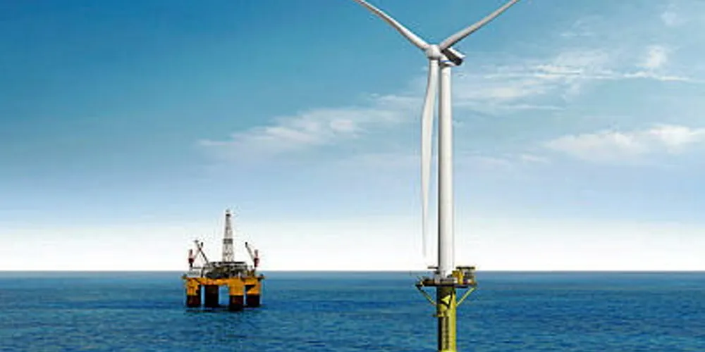 illustration of Hywind Tampen floating wind array linked to oil platform