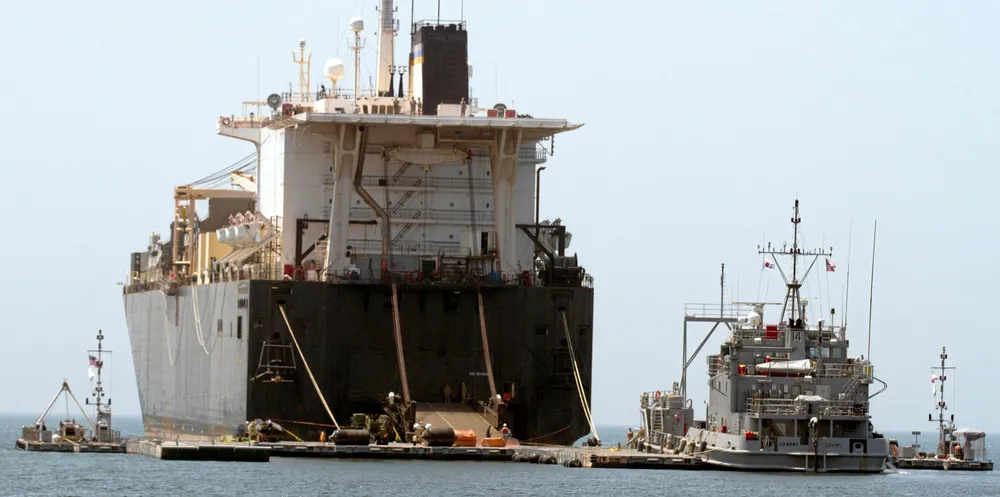 The 44,500-gt ro-ro USNS 2nd Lt John P Bobo (built 2007) is seen off South Korea in 2015. The ship is owned by the US Navy’s Military Sealift Command.