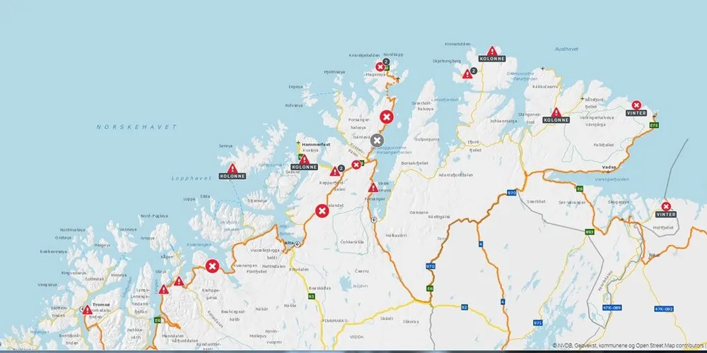 Mange sengte veistrekninger i Finnmark fredag. Kart: Statens vegvesen