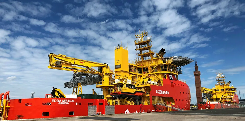 The Edda Mistral operations vessel ready to sail out from Grimsby docks for Orsted's 1.2GW Hornsea 1 wind farm in the UK North Sea
