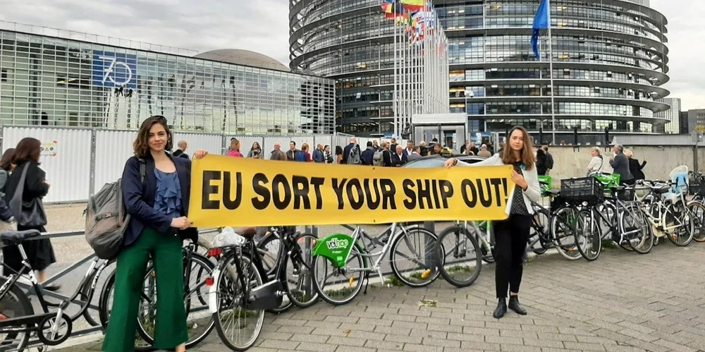 Climate activists protested outside European Parliament headquarters in Strasbourg for tougher emissions rules.