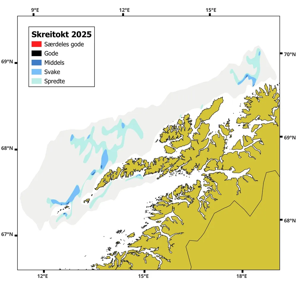 Hvert år, etter skreitoktet, lager havforskerne et skreikart som viser hvor mye torsk de fant på sin vei nedover Vesterålen og Lofoten. Slik ser det ut etter vinterens tokt.