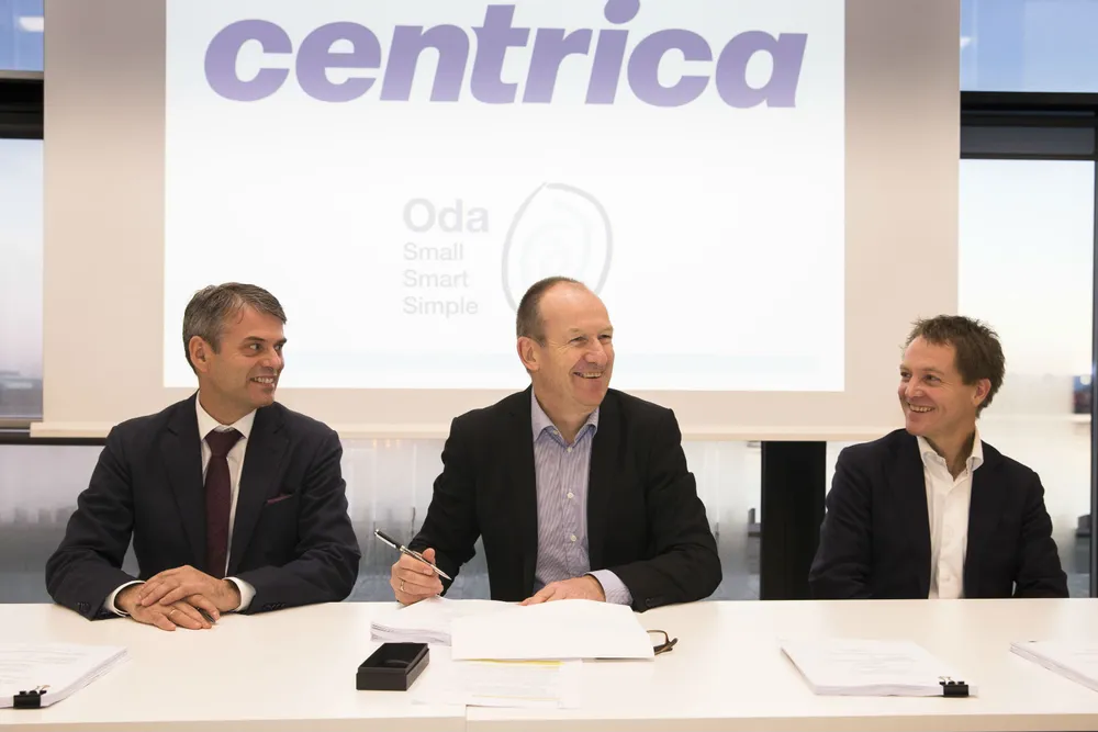 Deals: Centrica Norway general manager Dag Omre (centre) with FMC's Rune Thoresen (left) and Subsea 7's Stian Sande at Oda signing ceremony