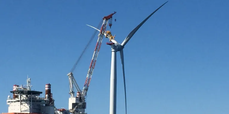 The first US offshore wind turbine is installed at Block Island