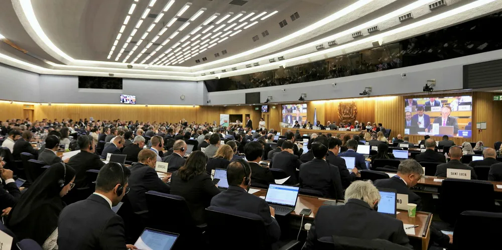 Committee room one at the IMO is packed for the climate talks at MEPC.