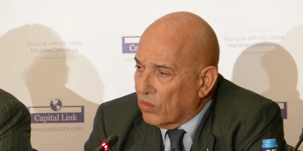 Show me where the workers are: Emanuele Grimaldi, chairman of the International Chamber of Shipping (ICS), speaks at Capital Link's 2023 Greek Shipping Forum in Athens.