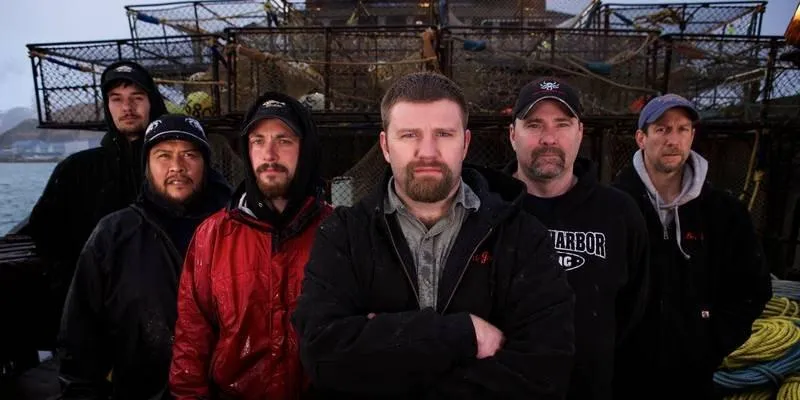 Seabrooke crew (from left to right) Deckhand Russell Fergus, Deckhand Mac White, Deckhand/Greenhorn Chris 'Whipper' Welch, Captain Scott 'Junior' Campbell, Jr., Relief Captain/Engineer Bob Perkey and Deckhand Derrick Haist shot during Deadliest Catch Season 7 in Dutch Harbor, Alaska.