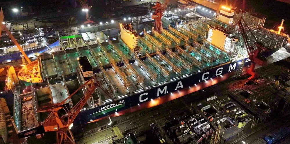 Expect more of this - a dual launching of two CMA CGM 15,000-teu container ship newbuildings.
