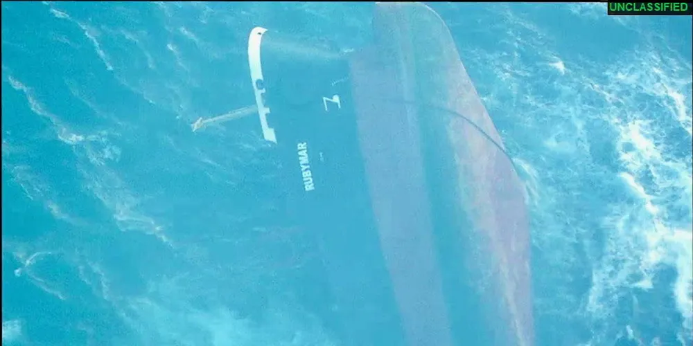The 32,300-dwt Rubymar (built 1997) goes down in the Red Sea on 2 March.