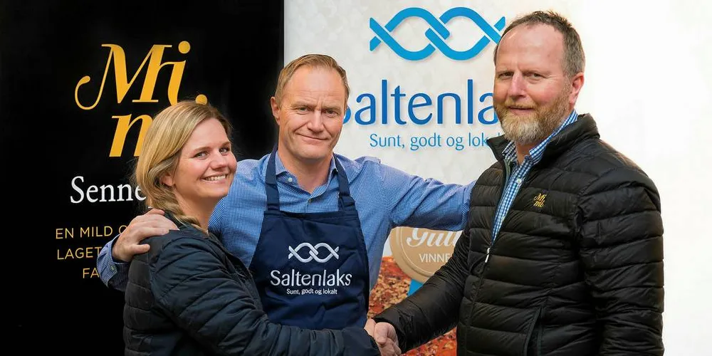 Laks + sennep = sant: Daglig leder Yvonne Løvgavlen i Saltenlaks, Geir Wenberg i Salten Aqua (i midten) og Karsten Nestvold i Arctic Mustard samarbeider tett allerede.Foto: Baard Selfors