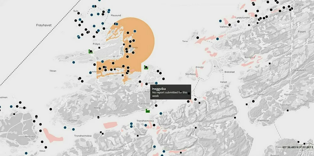 Mowi Norway sin lokalitet Heggvika i Hitra kommune i Trøndelag.