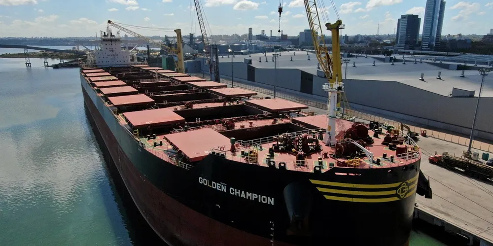 The 208,400-dwt newcastlemax Golden Champion (built 2019) is owned by Golden Ocean Group. The vessel is pictured loading logs at the port of Montevideo, Uruguay, in April 2022.
