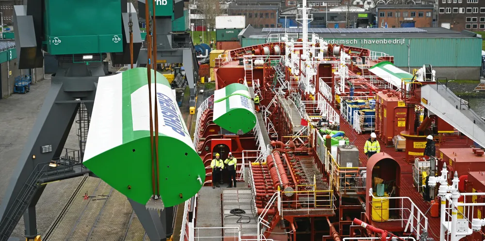 Econowind suction sails are lifted on board Chemship’s Chemical Challenger in Rotterdam. Photo: Craig Eason