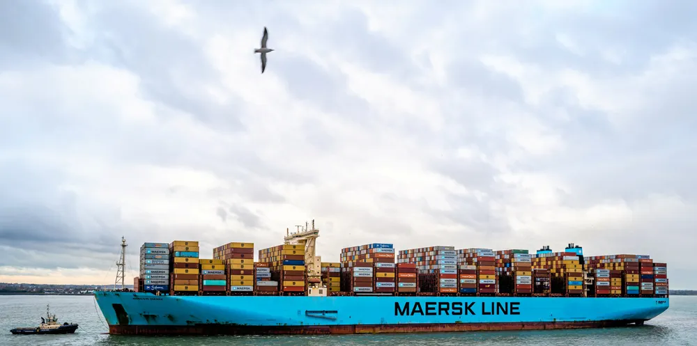 An undated photo shows the 19,630-teu Moscow Maersk (built 2017). The container ship is controlled by liner operator AP Moller-Maersk.