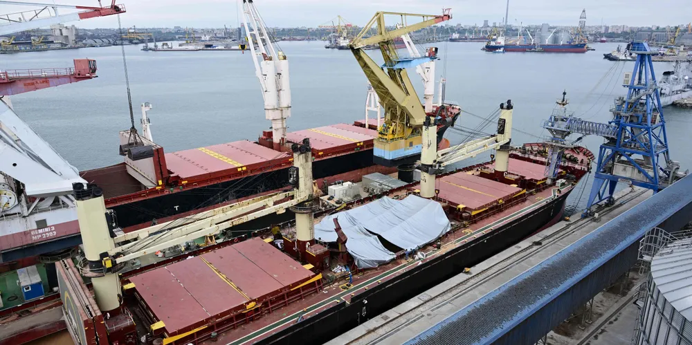 The destroyed hatch of the 27,300-dwt Aya (built 1997) is covered by a foil in the Black Sea port of Constanta.