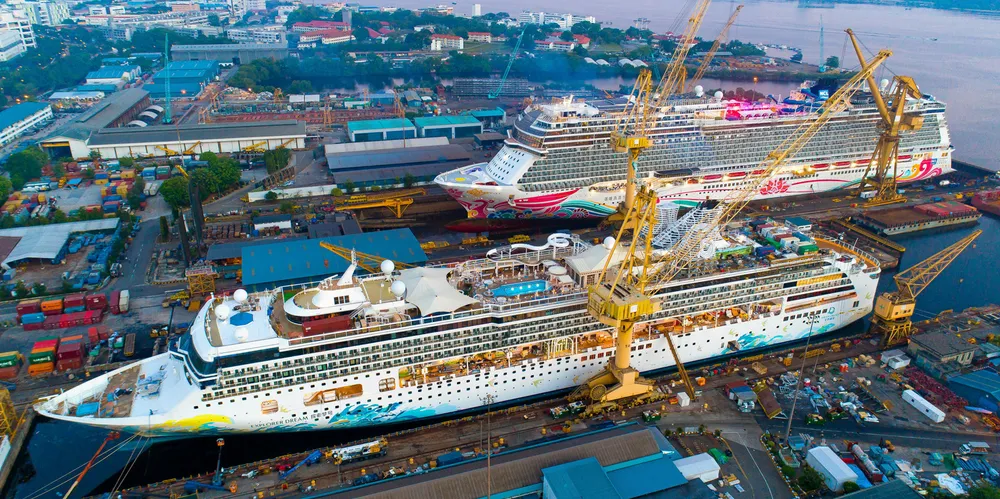 The cruiseships Explorer Dream and Norwegian Joy refitting at Sembcorp Marine’s Admiralty shipyard.