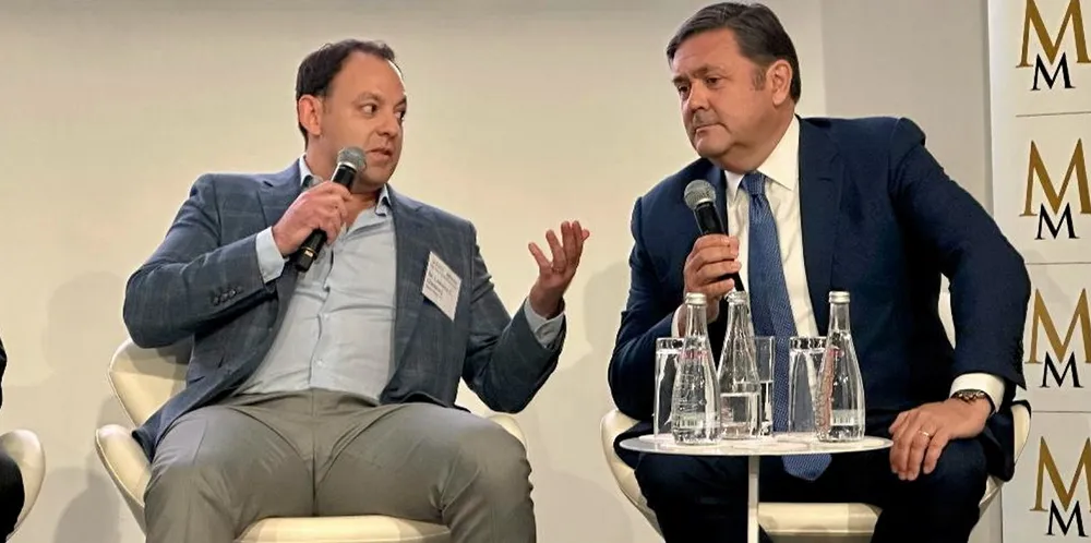 Maxim shipping banker Larry Glasberg in heated exchange with Ridgebury Tankers’ Hew Crooks at Thursday’s session of Marine Money Week in New York.