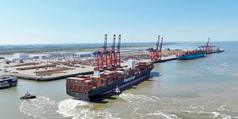 The stockmarket rewarded Hapag-Lloyd shareholders on its terminal acquisitions, says Drewry. Picture shows the 19,870-teu Al Zubara (built 2015) calling at the Container Terminal Wilhelmshaven (CTW) on 13 June 2023,