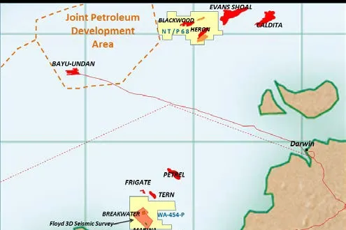 Joseph Bonaparte Gulf: a map showing MEO's WA-454-P exploration permit, containing the Marina-1 discovery and the Breakwater prospect, in northern Australia