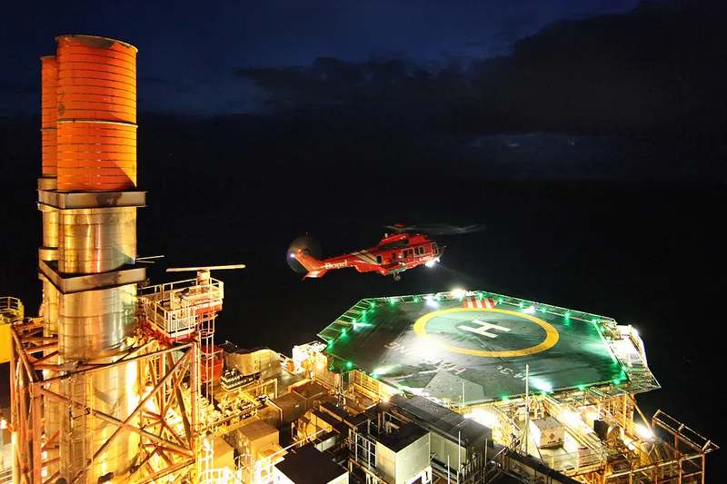 Entering a new market: a Bond helicopter lands on the Harding platform in the North Sea