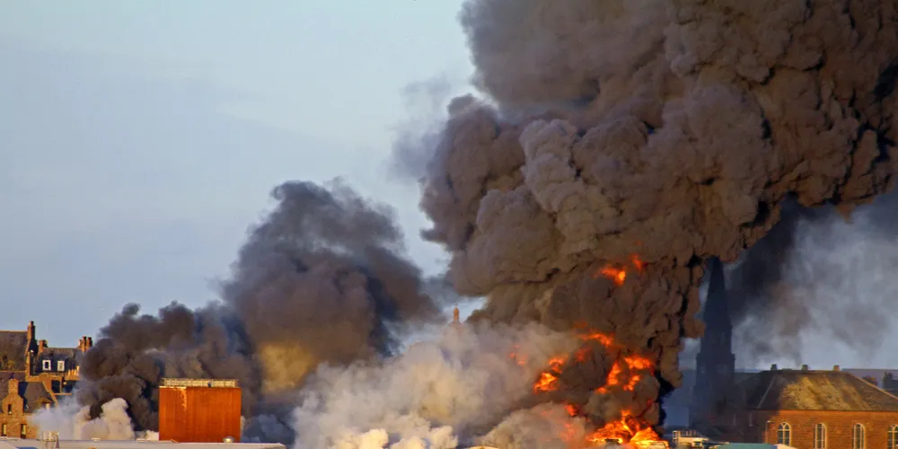 A major fire fanned by strong winds engulfed the Northbay Pelagic processing factory and office block at Peterhead in January this year. Photo: David Linkie
