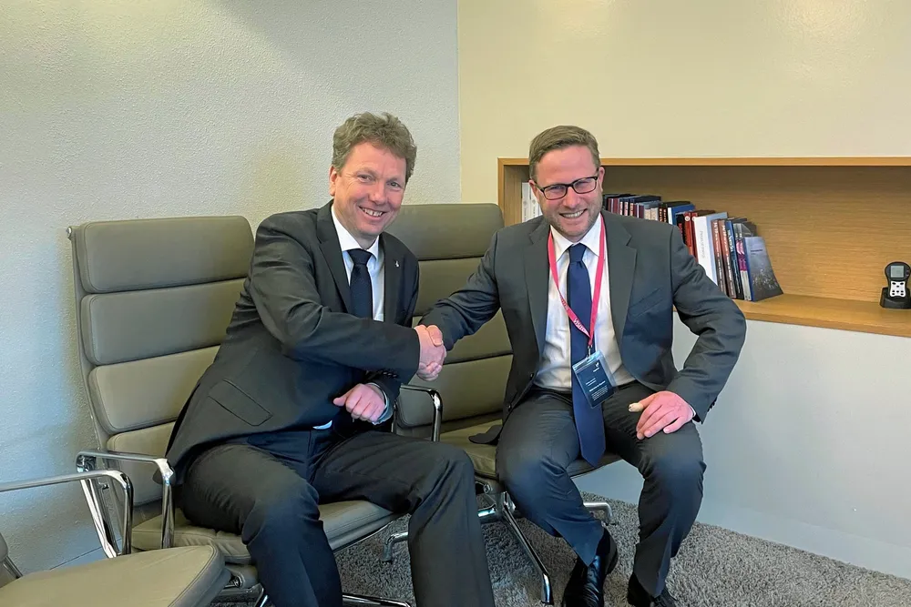 Equinor and Wellesley completed a previous trade in March 2023 with Equinor's head of Norway exploration and production, Kjetil Hove (left) and Chris Elliott, chief executive of Wellesley (right).