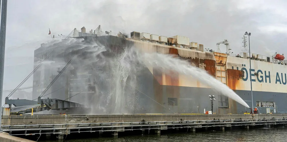 It took eight days for the blaze on the Hoegh Xiamen to be extinguished by the Jacksonville Fire and Rescue Department and a firefighting team and specialist tugs from salvor Resolve Marine.