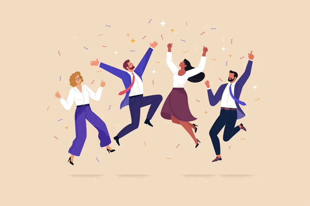 Vector illustration in flat style of a diverse group of people jumping for joy. Isolated on background with festive tinsel