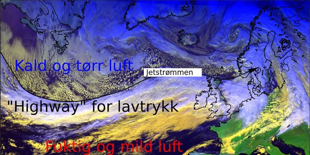 Meteorologisk institutt omtaler lavtrykkene som vil prege værsituasjonen for denne uken som en motorvei. Illustrasjon: Yr