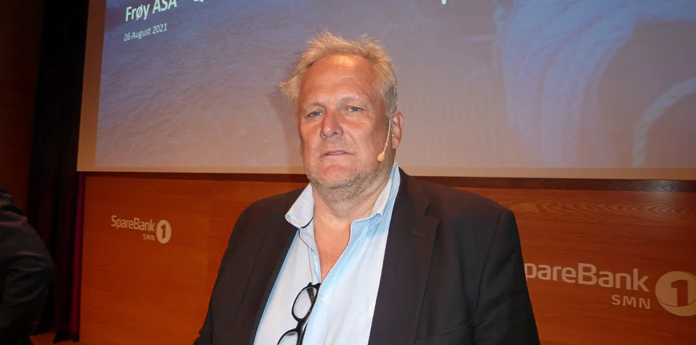 Helge Gåsø på Frøys presentasjon av andre kvartal 2021. under Aqua Nor 2021.