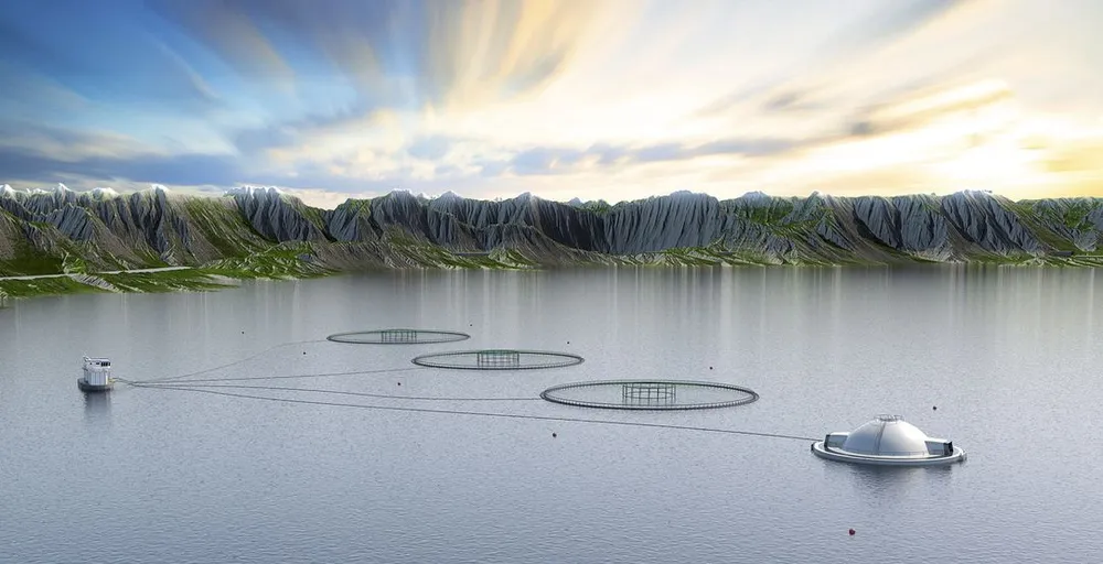 Marine Harvest-sjef Alf-Helge Aarskog, som er med på å utvikle oppdrettsegget, er klar på at fremtidens lakseoppdrett fortsatt må foregå i de kystnære farvann. Det er bra han gir de drømmende klar melding. Illustrasjon: Hauge Aqua