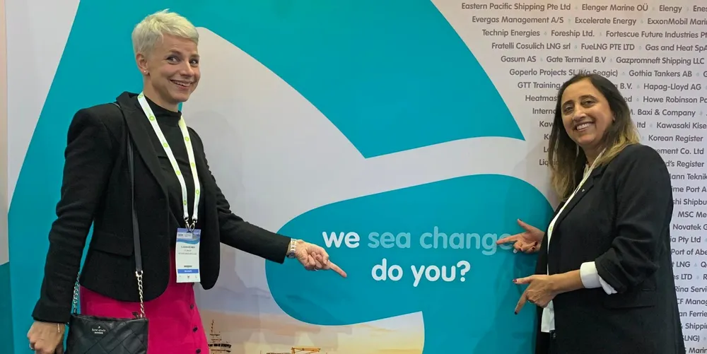 VT Group global account manager Claudia Beumer (left) — who has just been made a director of the International Bunker Industry Association — with WiGS founder Krishna Ruparelia at the Singapore International Bunkering Conference & Exhibition.