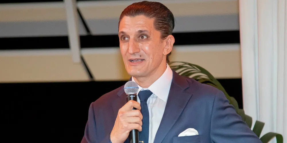 C Transport Maritime’s CEO John Michael Radziwill addresses guests at CTM’s 20th anniversary party at the Yacht Club de Monaco on 23 October 2024.