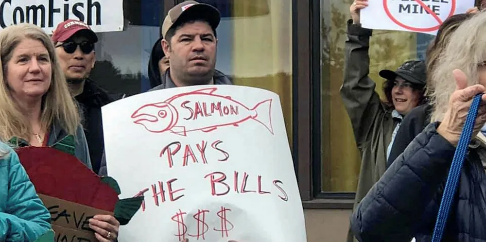 Demonstrators in Alaska express opposition to the Pebble Mine project.