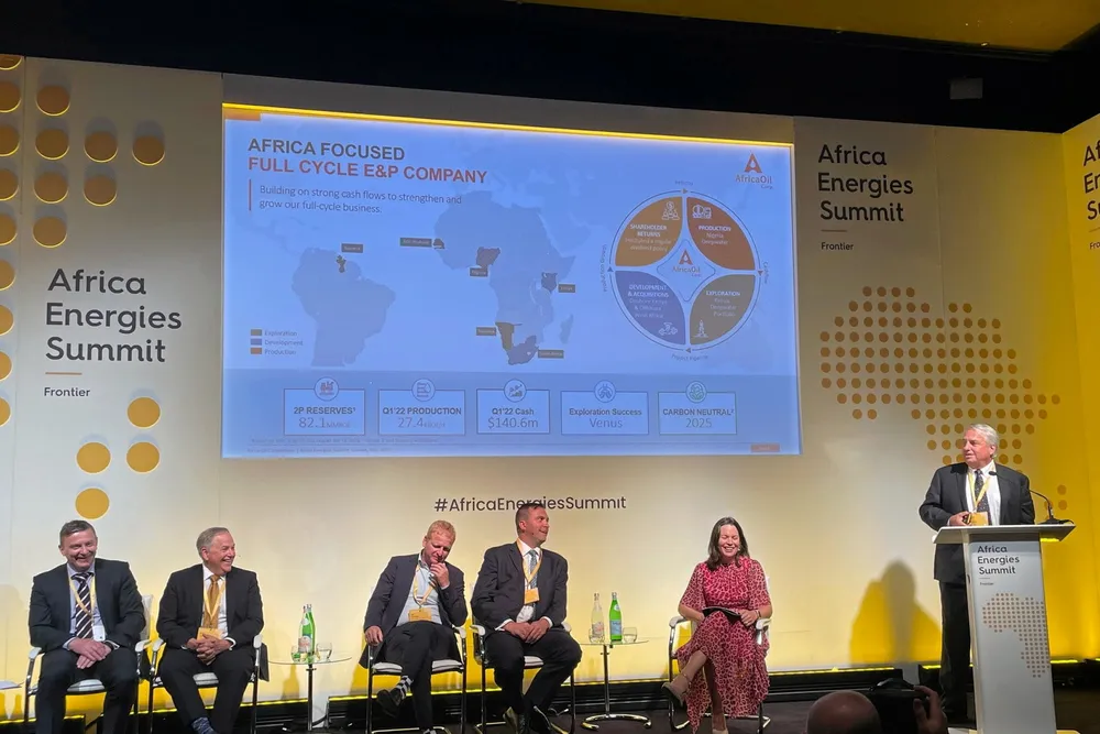 Orange basin move: Africa Oil chief executive Keith Hill, speaking in London last year at an industry panel, with Eco Atlantic chief executive Gil Holzman listening intently (fourth from right).