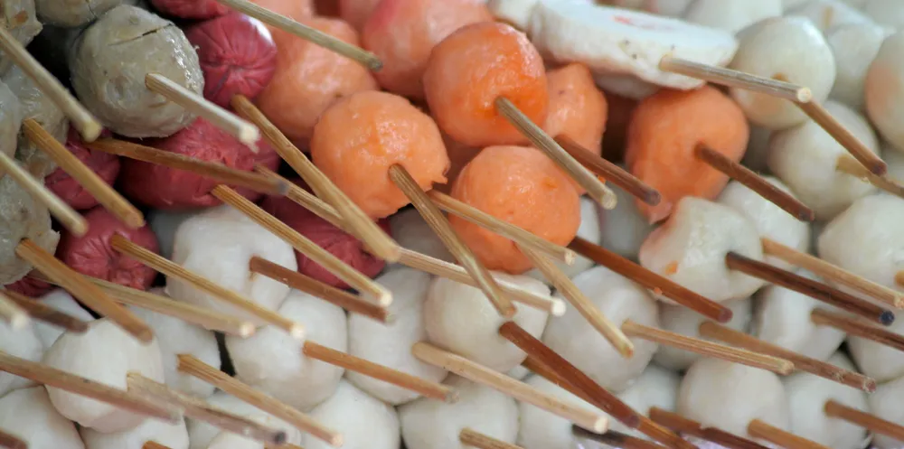 Surimi fish balls on sale in Vietnam.