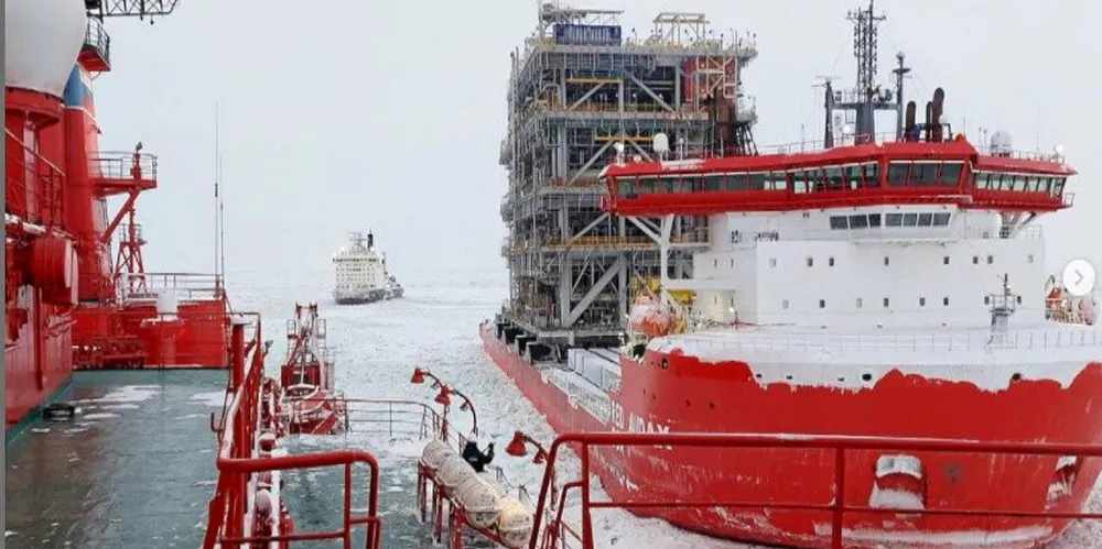 The heavylift vessel Audax (built 2016) arrives in Russia with an Arctic LNG 2 module shipped via the Northern Sea Route from China in winter.
