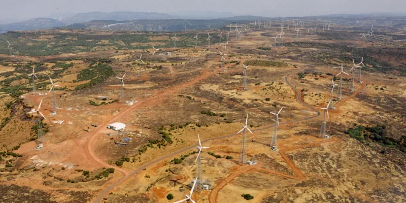 A Suzlon-equipped wind farm, but the manufacturer has slipped off the top