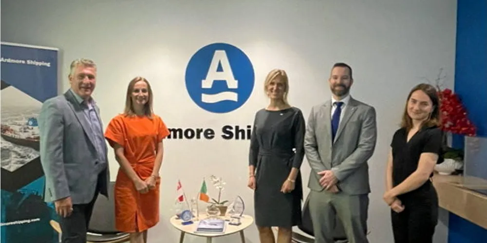 The deal is agreed by (from left) Mark Cameron of Ardmore Shipping, Milou van de Ven and Yvette van der Sommen of Value Maritime, and Garry Noonan and Oliwia Galecka of Ardmore.