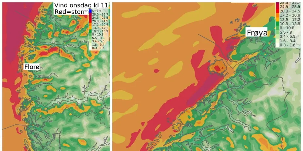 Fargene viser vindstyrke langs kysten og i Norskehavet onsdag. Kart fra meteorologisk institutt.