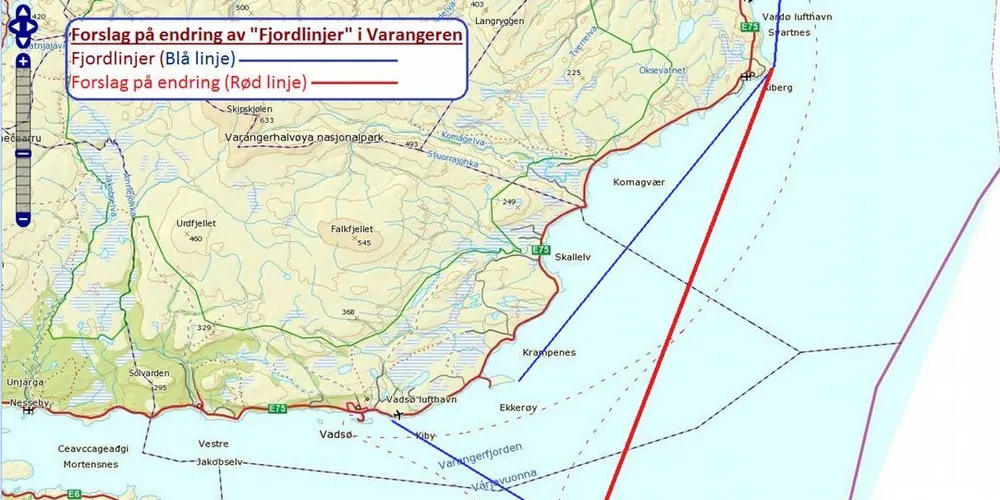Fjordfiskenemndas forslag til nye fjordlinjer i Varanger-området. De røde linjene er det nye forslaget, de blå markerer dagens gjeldende fjordlinjer. Kart: Fiskeridirektoratet