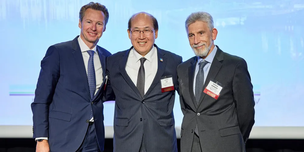 International Maritime Organization secretary general Kitack Lim (centre) poses with DNV Maritime chief executive Knut Orbeck-Nilssen (left) and Capital Link president Nicolas Bornozis at the Maritime Leaders Summit during Nor-Shipping 2023. The event was organised by DNV and Capital Link.