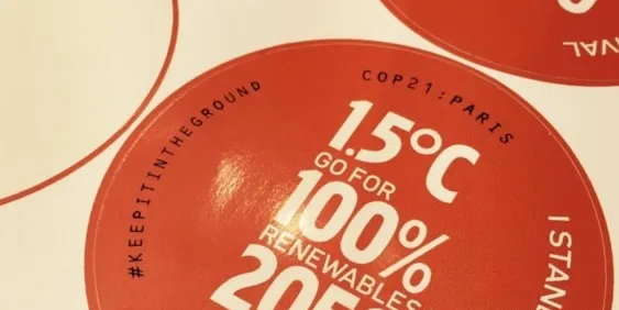 A badge advocating 100% renewables at COP21 in Paris