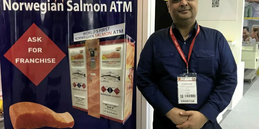 Manish Kumar, founder of Norwegian Salmon, the company behind Singapore's salmon ATMs, at this year's Thaifex show in Bangkok.
